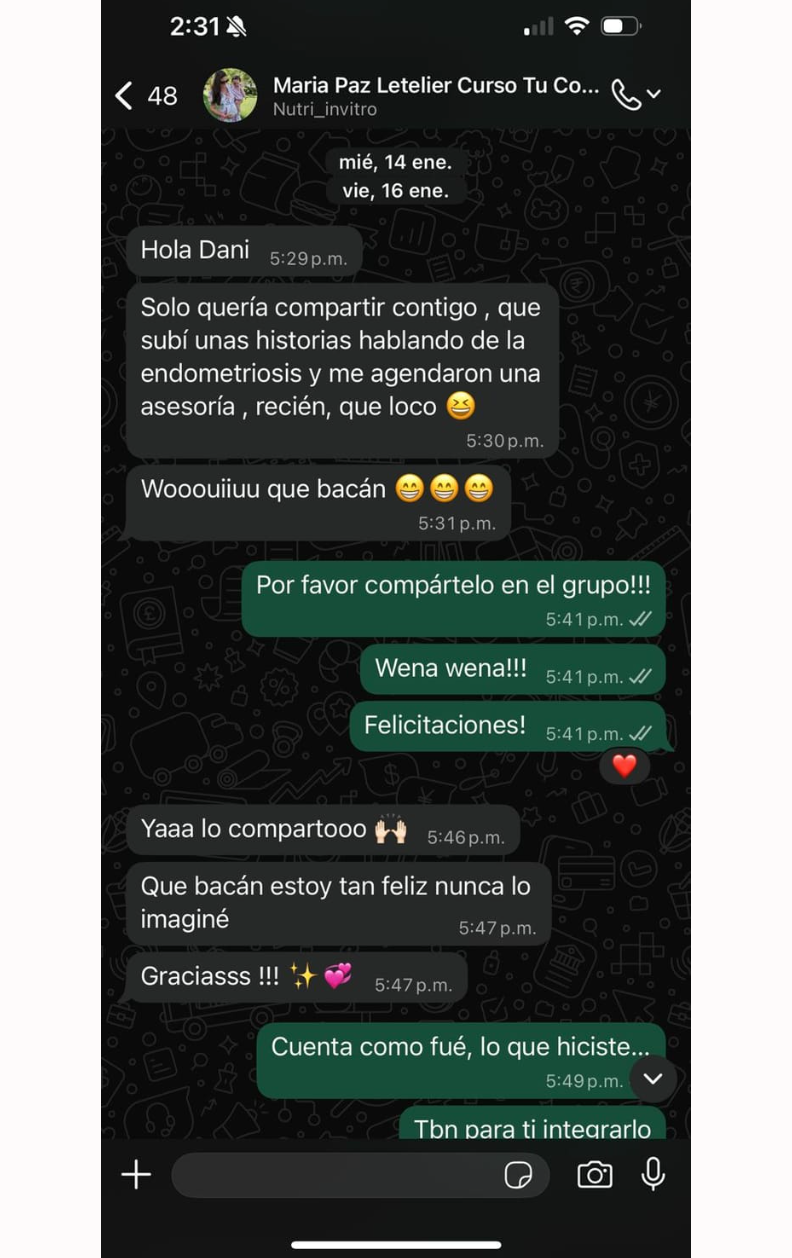 Mensaje de WhatsApp de una alumna
